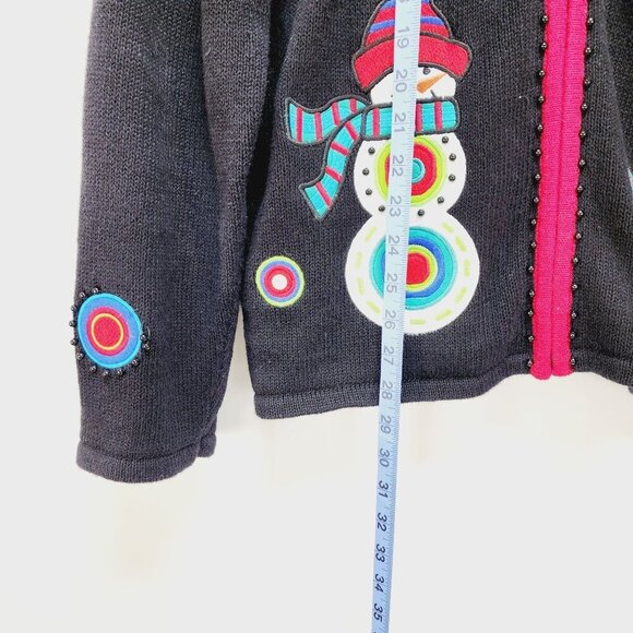 Timberlea Christmas Snowman Cardigan XL Black Sweater Ramie Colorful Embroidery - Picture 8 of 12